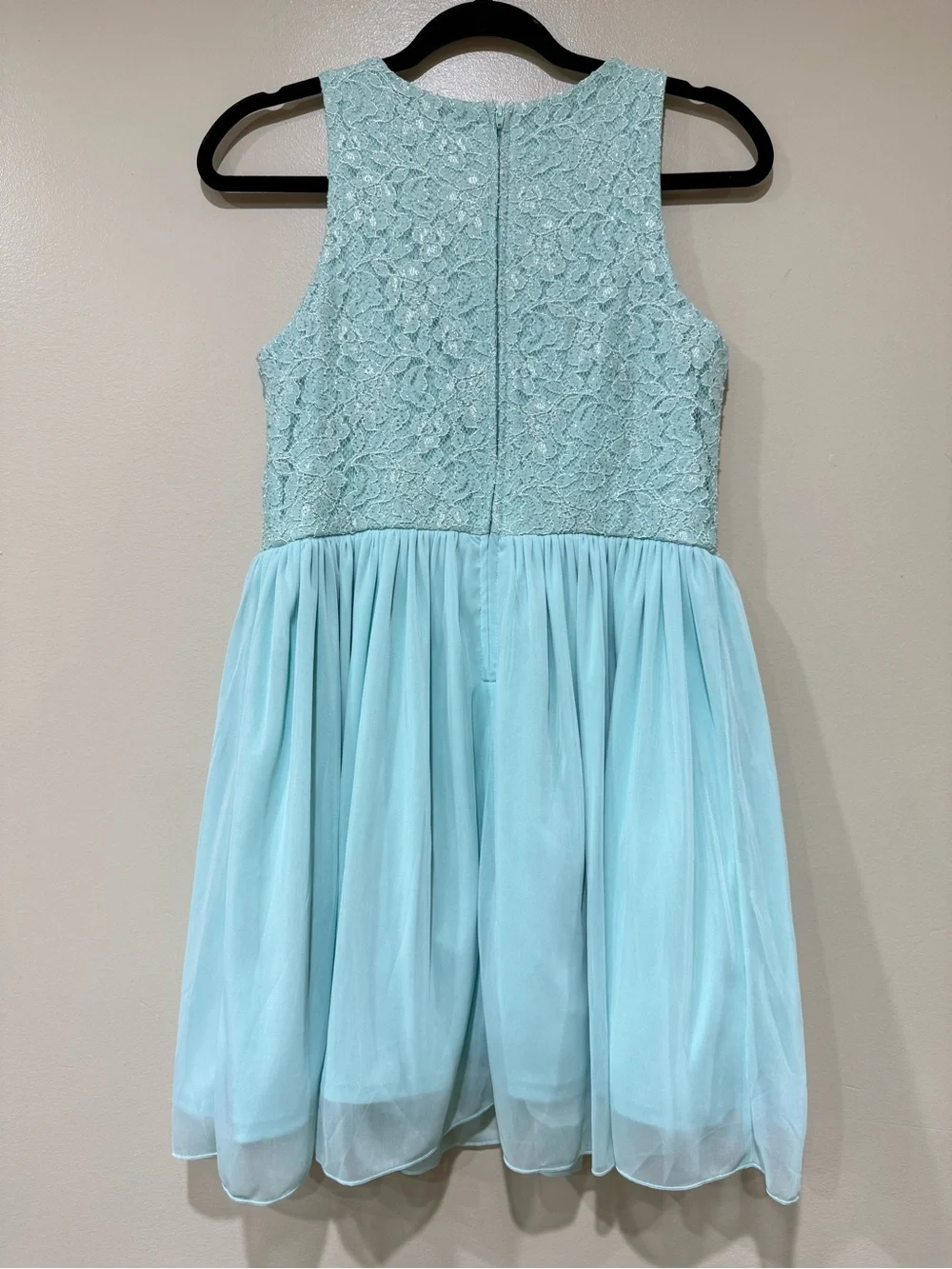 Girls' Light Blue Lace & Chiffon Dress with Beaded Neckline